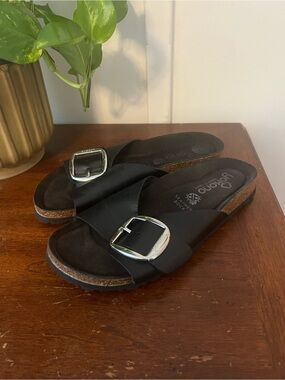 Yokono Spain Black Leather Big Buckle Slide Sandals Cork Footbed size 38